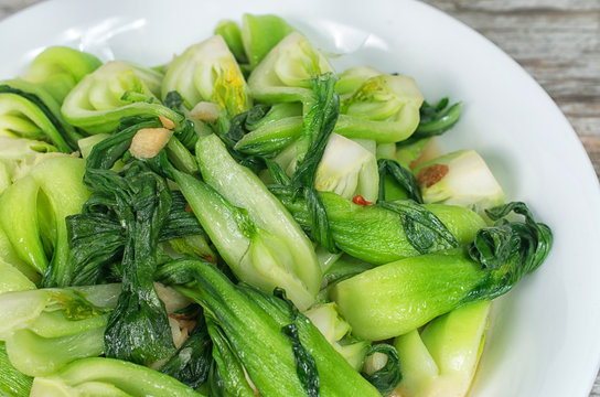 Close up Sauteed bok choy vegetable with garlic dish