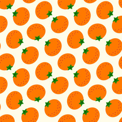 Fruit pattern. Seamless pattern of tangerins in flat style on a light yellow background. Vector 8 EPS.