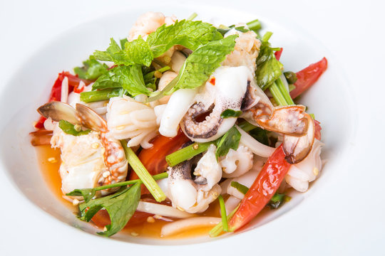 delicious spicy mixed seafood thai food made from shrimps squids minced pork kale chili and vegetable