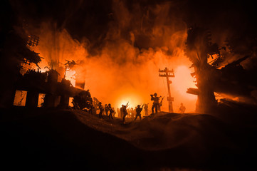 War Concept. Military silhouettes fighting scene on war fog sky background, World War Soldiers...