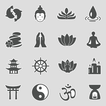 Buddhism Icons. Sticker Design. Vector Illustration.