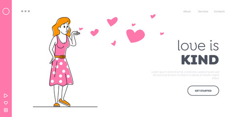 Valentines Day Concept for Landing Page Template. Young Woman Character in Pink Dress Send Air Kiss with Flying Hearts. Romantic Relations, Girl Fall in Love and Dating, Linear Vector Illustration