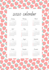 Wall calendar 2020. Monthly calendar on background of cute strawberry pattern. Vector illustration 8 EPS.