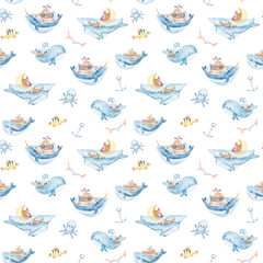 Watercolor hand painted sea life illustration. Seamless pattern on white background. Whale, submarine, ancor, fish, wave collection. Perfect for textile design, fabric, wrapping paper, scrapbooking