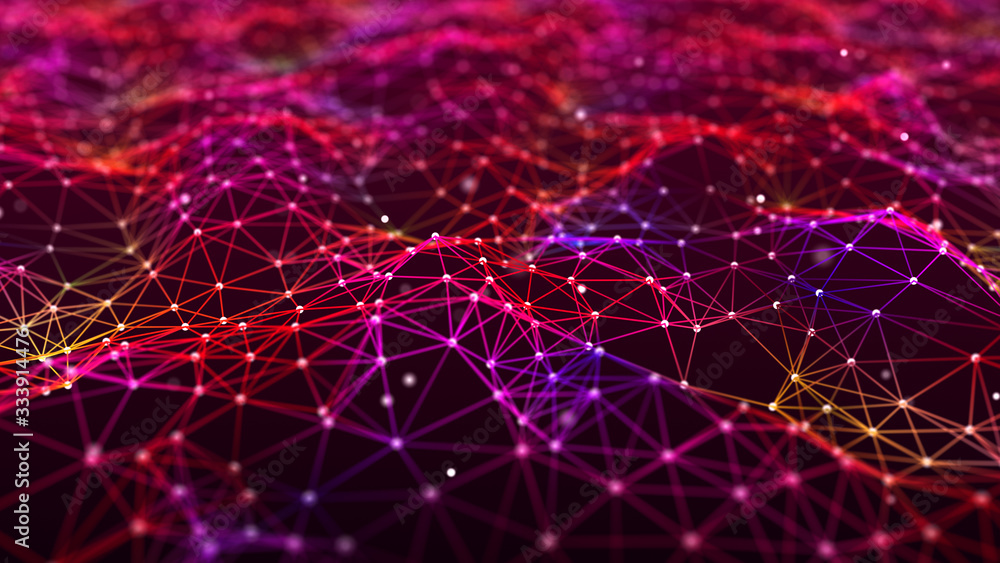 Poster network of bright connected dots and lines. digital plexus of glowing lines and dots. abstract backg