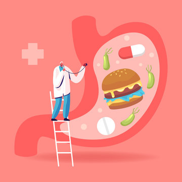 Gastroenterology Concept. Doctor Character Stand On Ladder At Huge Stomach. Patient At Appointment, Medic Study Stomachache Causes Of Gastritis And Helicobacter Disease. Cartoon Vector Illustration