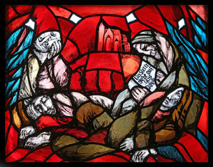 Birth of Jesus, Christmas, detail of stained glass window by Sieger Koder in St. James church in Hohenberg, Germany