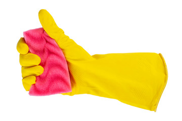 Yellow rubber glove for cleaning, workhouse concept. Ok symbol.