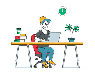 Remote Freelance Work Concept. Man Freelancer Sitting in Comfortable Armchair Working Distant on Laptop. Creative Employee Programmer or Designer Character Work at Home. Linear Vector Illustration