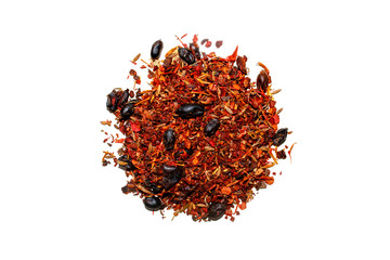 Fototapeta premium Mixed spice with barberry isolated on white background. Top view. Spice mix for pilaf