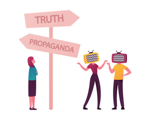 Female Characters with Tv Screen Heads Stand on Roadsign with Truth and Propaganda Pointers. Brainwashing Mass Media Manipulation, False Information Concept. Cartoon People Vector Illustration