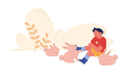 Happy Boy Character Playing with Cute Little Rabbits in Farm Zoo. Care of Animals, Excursion to Ranch or Village Farmyard, Summer Spare Time, Leisure. Kid Petting Animals. Cartoon Vector Illustration