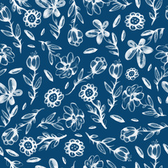 Seamless pattern, background, texture print with light watercolor hand drawn blue color dusty leaves, fern greenery forest herbs, plants. Tender, elegant textile fabric, wrapping paper backdrop layout