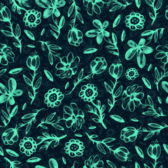 Seamless pattern, background, texture print with light watercolor hand drawn blue color dusty leaves, fern greenery forest herbs, plants. Tender, elegant textile fabric, wrapping paper backdrop layout