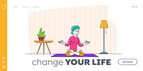 Yoga Class Practice, Healthy Lifestyle Landing Page Template. Young Woman Character Meditating Sitting in Lotus Posture at Home. Relaxation and Emotional Balance, Harmony. Linear Vector Illustration