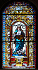 Virgin Mary, stained glass window in the Church of Saint Catherine of Alexandria in Zagreb, Croatia