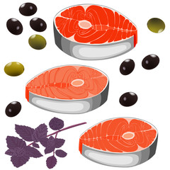 A piece of red fish. Cut salmon slice. Salmon steak isolated on white background. Vector illustration 