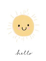 Lovely Hand Drawn Vector Illustration with Funny Smiling Sun Isolated on a White Background. Cute Nursery Art ideal for Wall Art, Poster, Card. Kawaii Style Design.