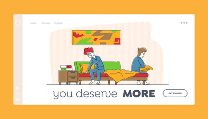 Obraz na płótnie Canvas Spouse Quarrel Landing Page Template. Married Couple Characters Sit on Bed Feeling Bad cos of Arguing. Divorce, Family Crisis and Conflict Situation, Disappointment. Linear People Vector Illustration