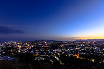 Phuket city aerial scenic view from Khao Rang Hill Park, during twilight