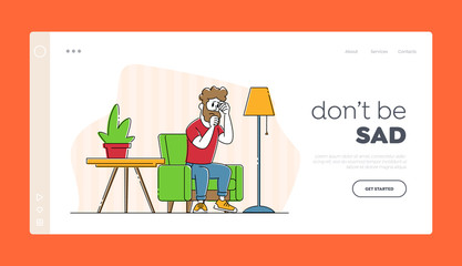 Family Relations, Divorce, Depression and Marriage Crisis Landing Page Template. Sad Man Character Sit in Living Room with Suffering Face Feel Bad cos of Quarrel with Wife. Linear Vector Illustration