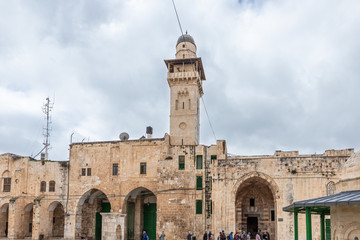 The Medresse and the Bab al-Silsila minaret are on the Temple Mount in the Old Town of Jerusalem in Israel