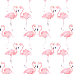 Watercolor seamless pattern with exotic flamingo on white background. Summer decoration print for wrapping, wallpaper, fabric