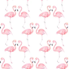 Wall murals Flamingo Watercolor seamless pattern with exotic flamingo on white background. Summer decoration print for wrapping, wallpaper, fabric