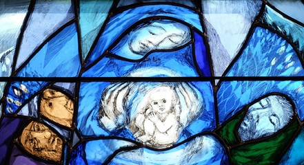 God, the Creator of all life, detail of stained glass window by Sieger Koder in church of Saint...
