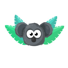 Cute gray bear. Face of funny character. Koala. Australian animal. Cartoon flat illustration. Green leaves of plant