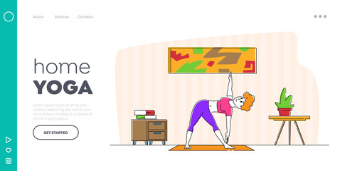 Rest and Meditation Landing Page Template. Girl Stand in Yoga Asana or Stretching Fitness Posture at Home. Relaxed Woman Character Enjoying Training Body for Loss Weight. Linear Vector Illustration