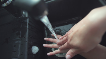 Washing hands rubbing with soap man for corona virus prevention, hygiene to stop spreading coronavirus.