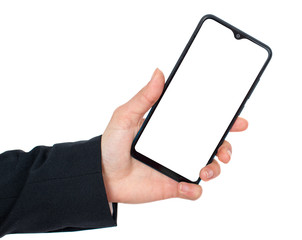 isolated woman hand holding the phone tablet touch computer gadget.