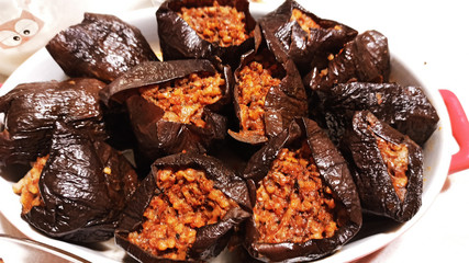 Turkish traditional food known as patlican dolmasi, dried eggplant with stuffed rice 