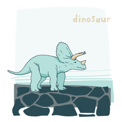 Dinosaur in the desert landscape. Drawn cartoon triceratops stands on the stones. Illustration for postcards.