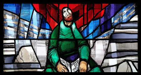 Naklejka na ściany i meble God cares for His own and strengthens them in their life path, detail of stained glass window by Sieger Koder in St. John church in Piflas, Germany