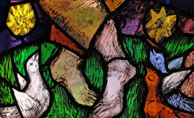 Saint Francis of Assisi, detail of stained glass window by Sieger Koder in Franciscan abbey in...