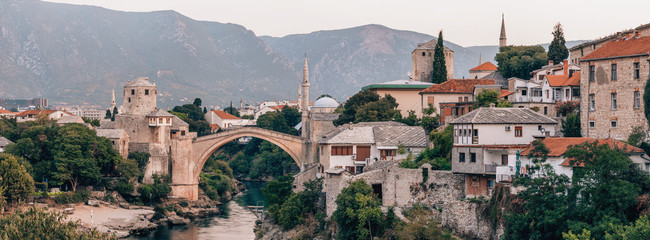 Stari Most bridge at sunset in old town of Mostar, BIH