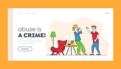 Domestic Violence and Spousal Abuse Landing Page Template. Young Family Quarrel and Swear in Living Room. Aggressive Man Yell on Woman. Husband and Wife Scandal. Linear People Vector Illustration