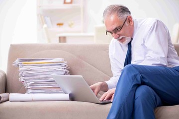 Aged businessman employee working from house