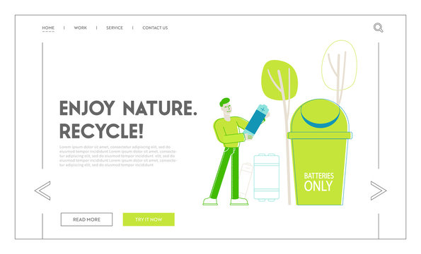 Ecology Protection Landing Page Template. Tiny Male Character Remove Electrical Waste, Man Throw Huge Battery into Special Litter Bin for Recycling and Trash Separation. Linear Vector Illustration