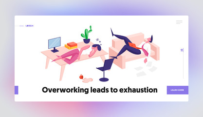 Laziness, Emotional Burnout Landing Page Template. Tired Overworked Business Characters Sleep on Office Desk and Couch. Employees Sleeping at Working Place. Cartoon People. Cartoon Vector Illustration