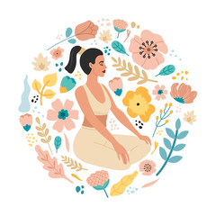 Young sport girl do yoga exercises, poses asanas. Vector colorful, flat illustration, isolated flower background.