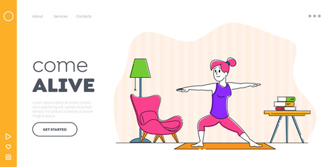 Girl Practicing Gymnastics Landing Page Template. Woman Character Stretching or Yoga Exercises at Home. Fitness, Sport and Healthy Lifestyle. Workout Class for Flexibility. Linear Vector Illustration