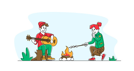 Young Couple Characters Sitting at Campfire in Forest Singing Song, Playing Guitar and Frying Marshmallow. Tourists Company in Summer Camp. Traveling Friends Leisure. Linear People Vector Illustration