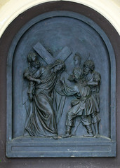 5th Stations of the Cross, Simon of Cyrene carries the cross, St Francis Xavier's Church in Zagreb, Croatia