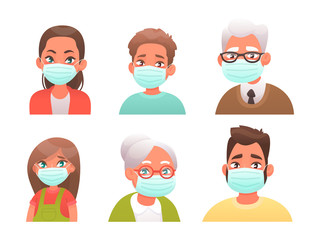 Set of avatars of people in protective medical masks. Boy, girl, man, woman, grandfather and grandmother are protected from the virus
