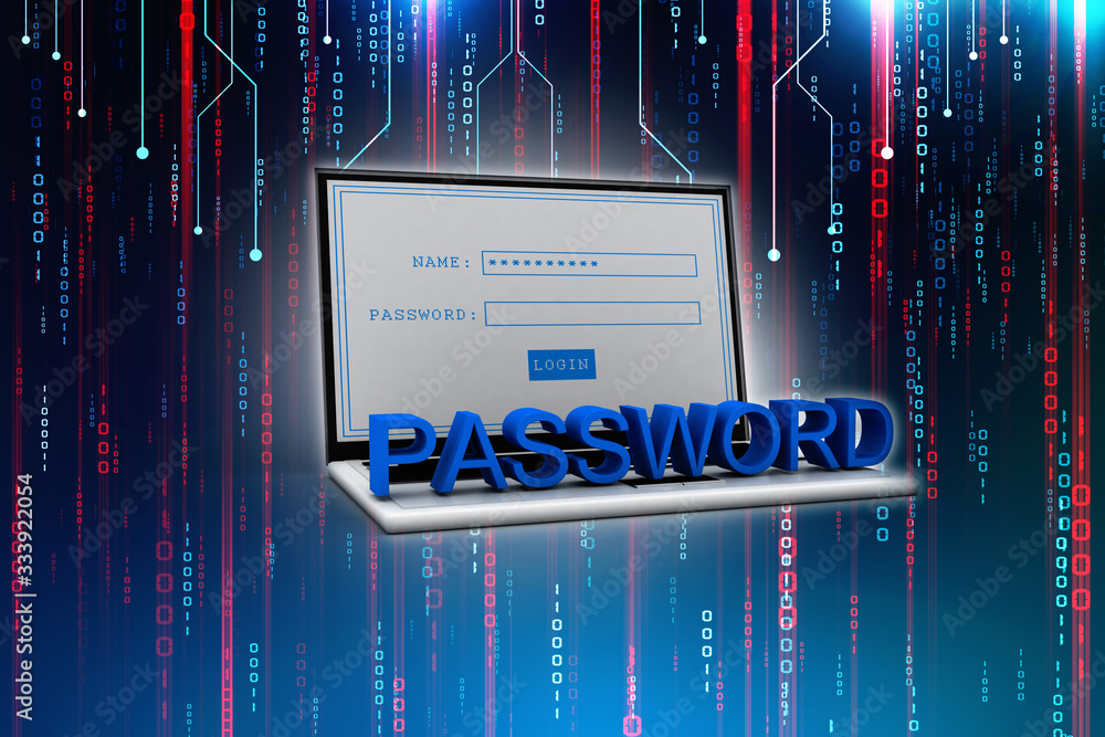 Poster 3d rendering laptop with password text
