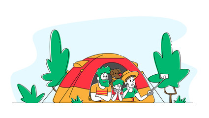 Happy Family Mother, Father, Child and Dog Characters Lying in Tent Making Selfie. Camping and Hiking Recreation, Summer Time Vacation and Spare Time, Backpacking. Linear People Vector Illustration