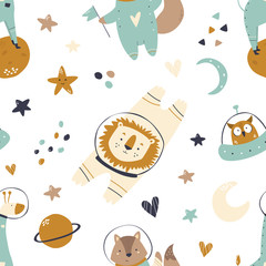Seamless pattern with animals and space elements